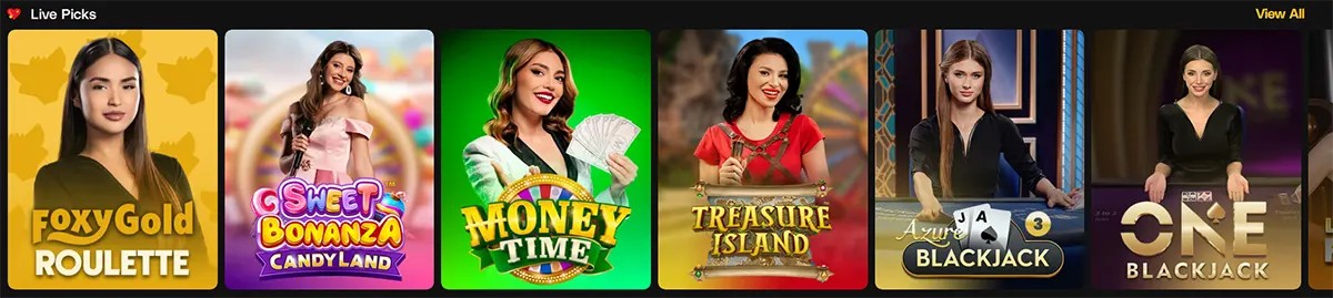 Live Picks” carousel showing live casino game tiles with dealer images, including FoxyGold Roulette, Sweet Bonanza Candyland, Money Time, Treasure Island, Azure Blackjack, and One Blackjack, with a “View All” link.