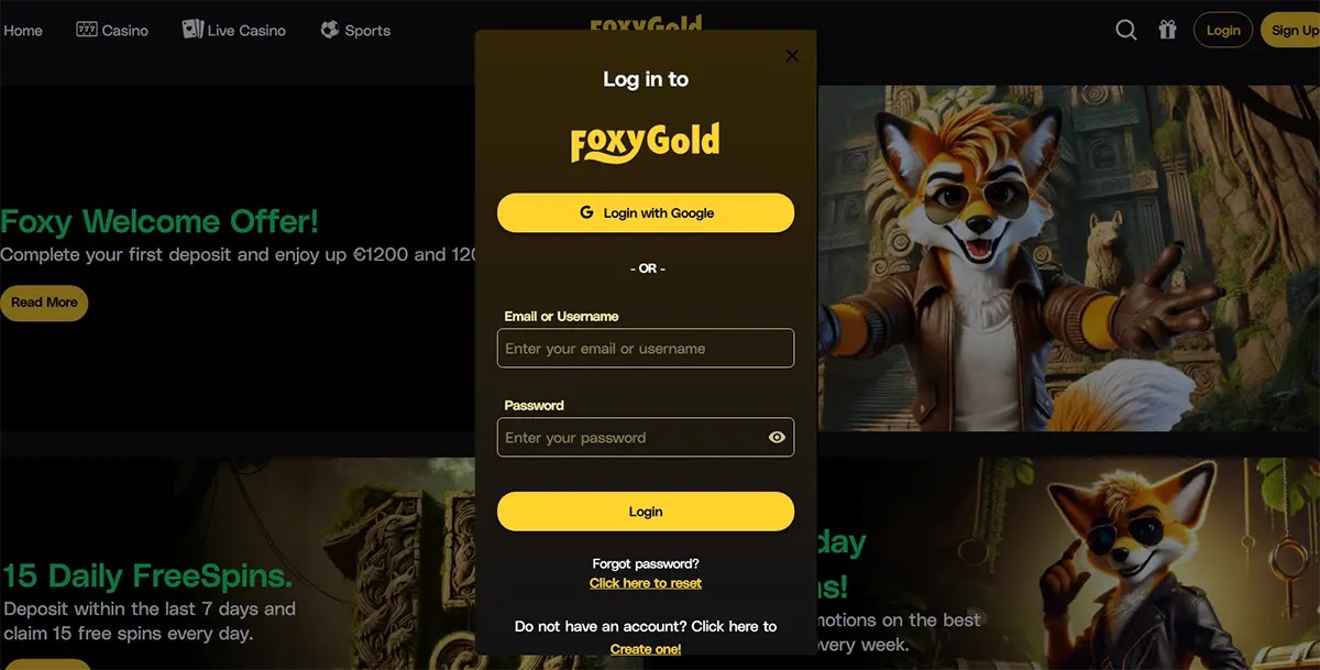 FoxyGold casino homepage with a centred login modal showing “Log in to FoxyGold,” a Google login button, email/username and password fields, a large yellow “Login” button, and reset/create account links over a dark promo background with a fox character.