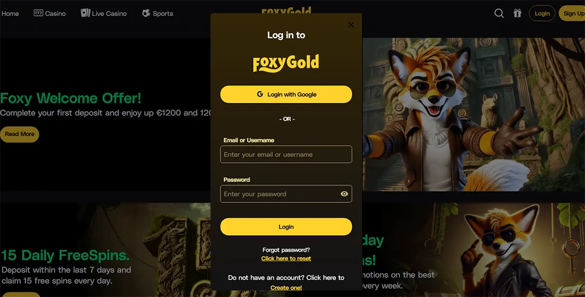 FoxyGold casino homepage with a centred login modal showing “Log in to FoxyGold,” a Google login button, email/username and password fields, a large yellow “Login” button, and reset/create account links over a dark promo background with a fox character.